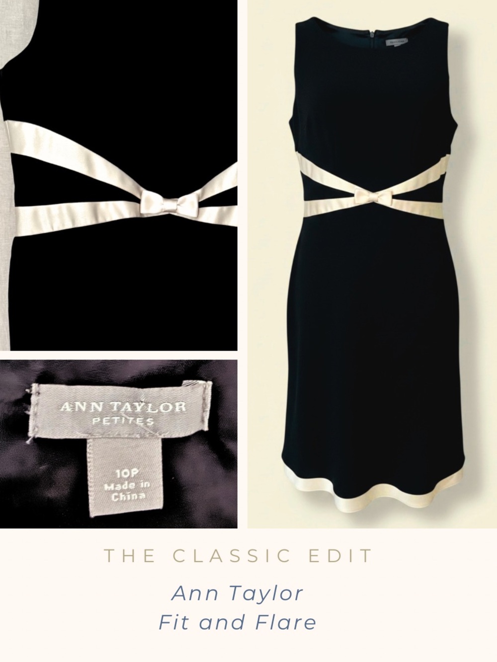 Ann Taylor Black & Ecru Fit & Flare Dress | Satin Trim | Fully Lined